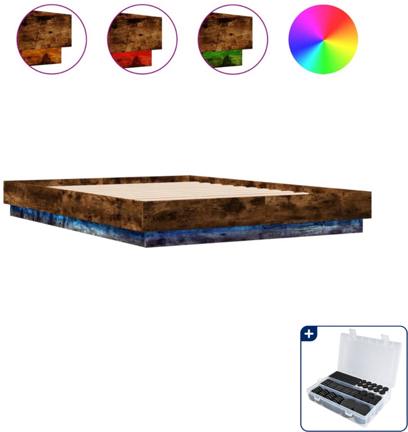 vidaXL bedframe met LED - 150 x 200 cm - bewerkt hout - gerookt eiken - Inclusief antikrasvilt 177-delig Grijs