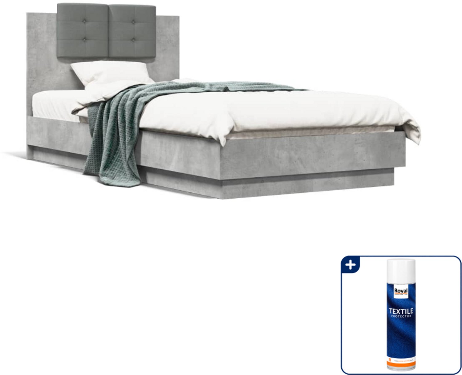 vidaXL bedframe met hoofdbord - 75 x 190 cm - bewerkt hout - betongrijs - Inclusief textielbeschermer 500 ml Wit