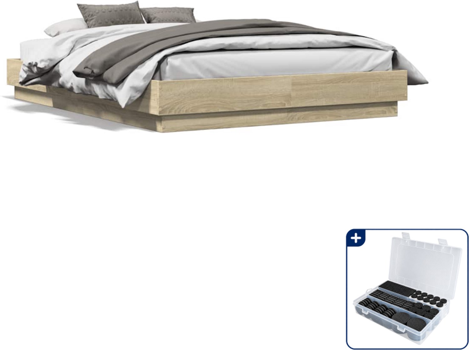 vidaXL bedframe - 140 x 190 cm - bewerkt hout - sonoma eiken - Inclusief antikrasvilt 177-delig Zwart