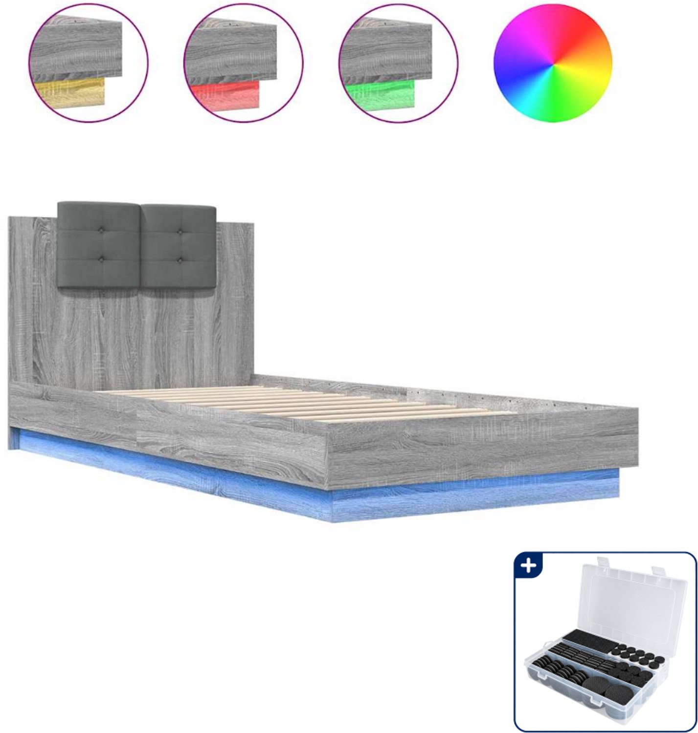 vidaXL bedframe met LED - 90 x 200 cm - grijs sonoma eiken - Inclusief antikrasvilt 177-delig