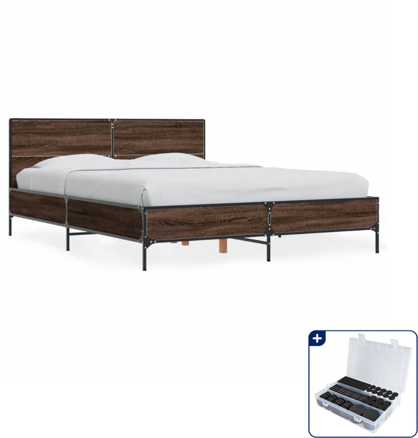 vidaXL Bedframe - 120 x 190 cm - bewerkt hout en metaal - bruineiken - Inclusief antikrasvilt 177-delig Wit
