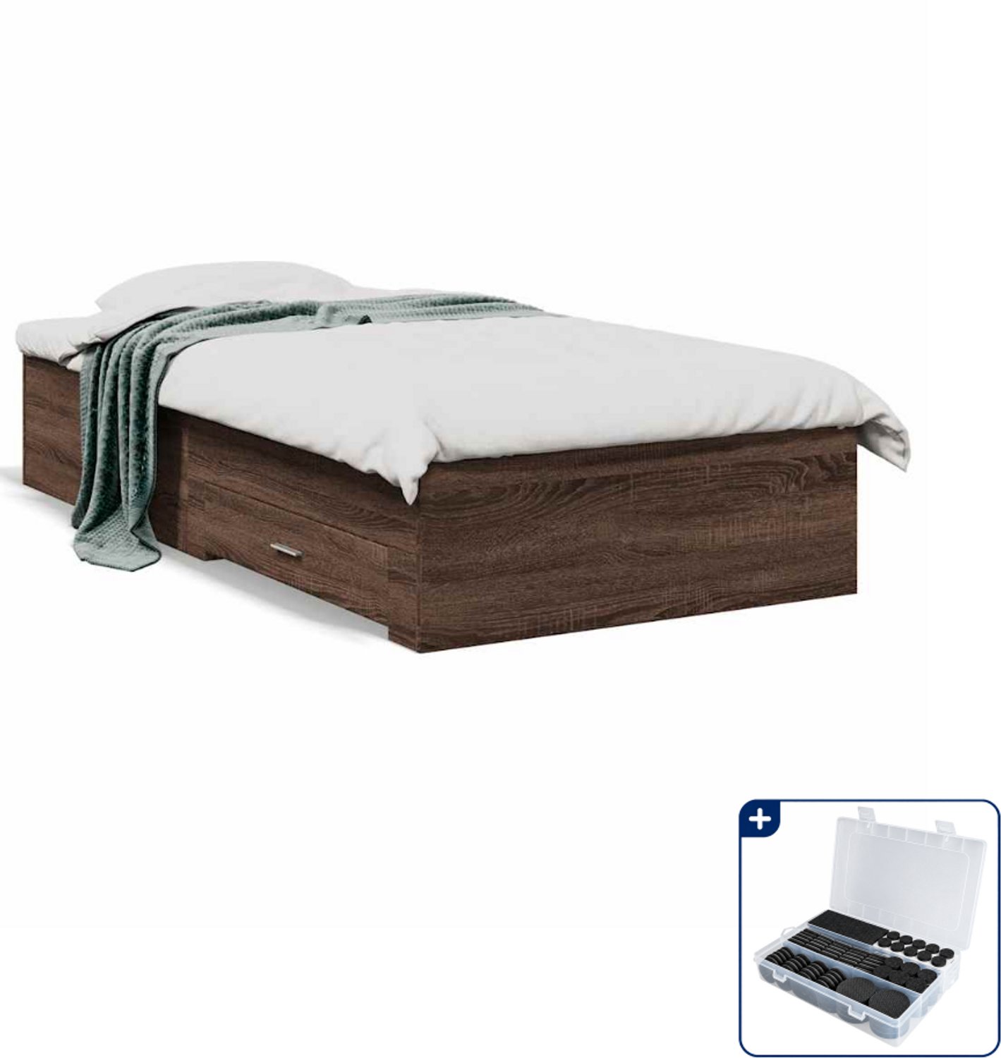 vidaXL bedframe met lades - 75 x 190 cm - bewerkt hout - bruineiken - Inclusief antikrasvilt 177-delig