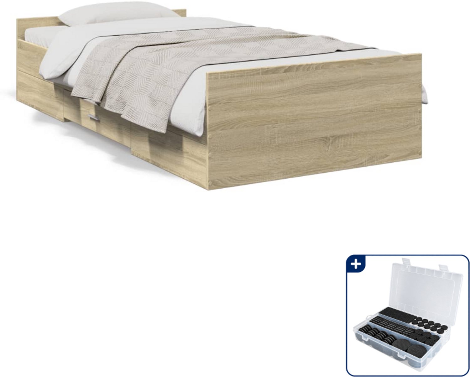 vidaXL bedframe met lades - 90 x 200 cm - bewerkt hout - sonoma eiken - Inclusief antikrasvilt 177-delig Bruin