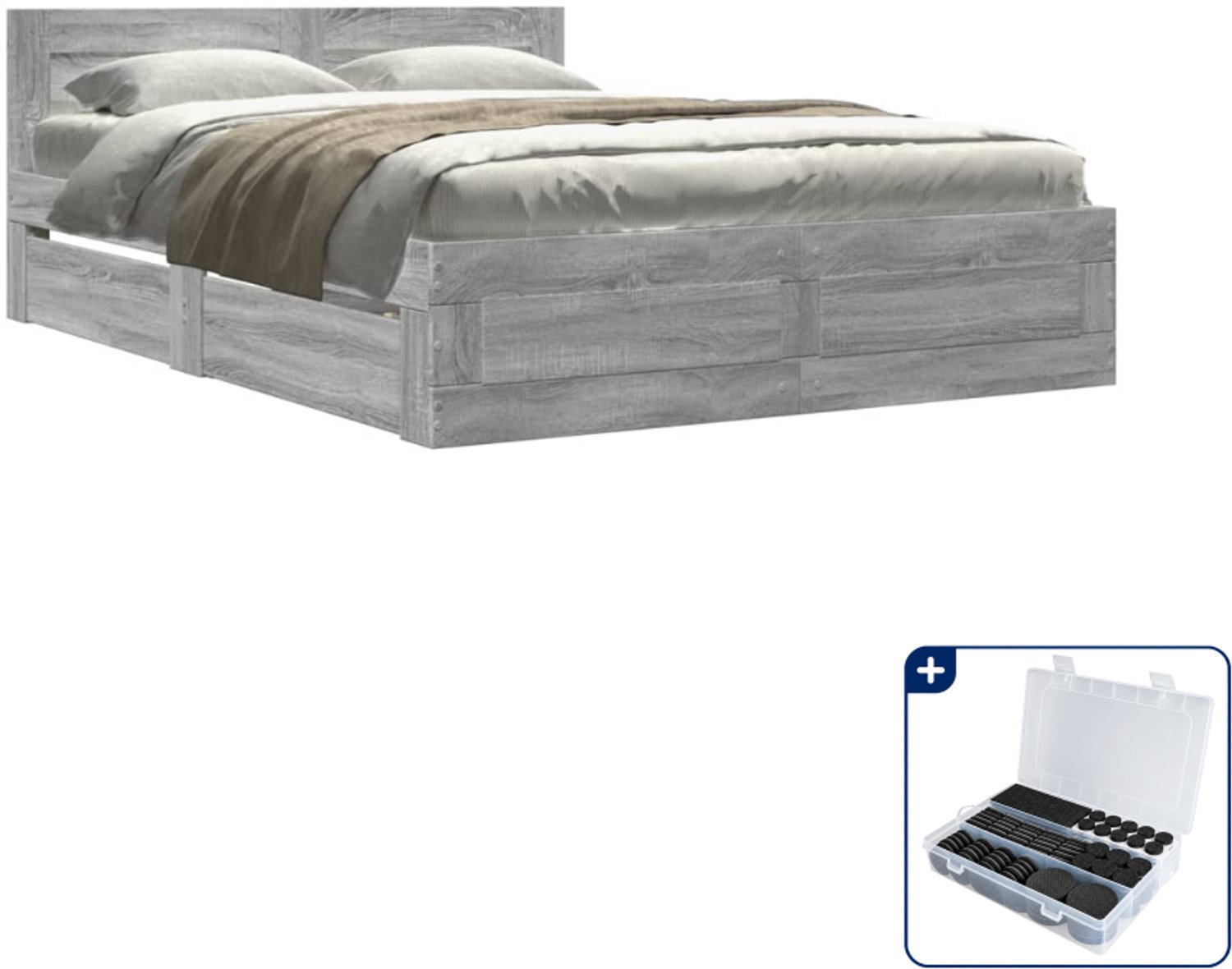 vidaXL bedframe 120 x 190 cm - bewerkt hout - grijs sonoma eiken - Inclusief antikrasvilt 177-delig Wit