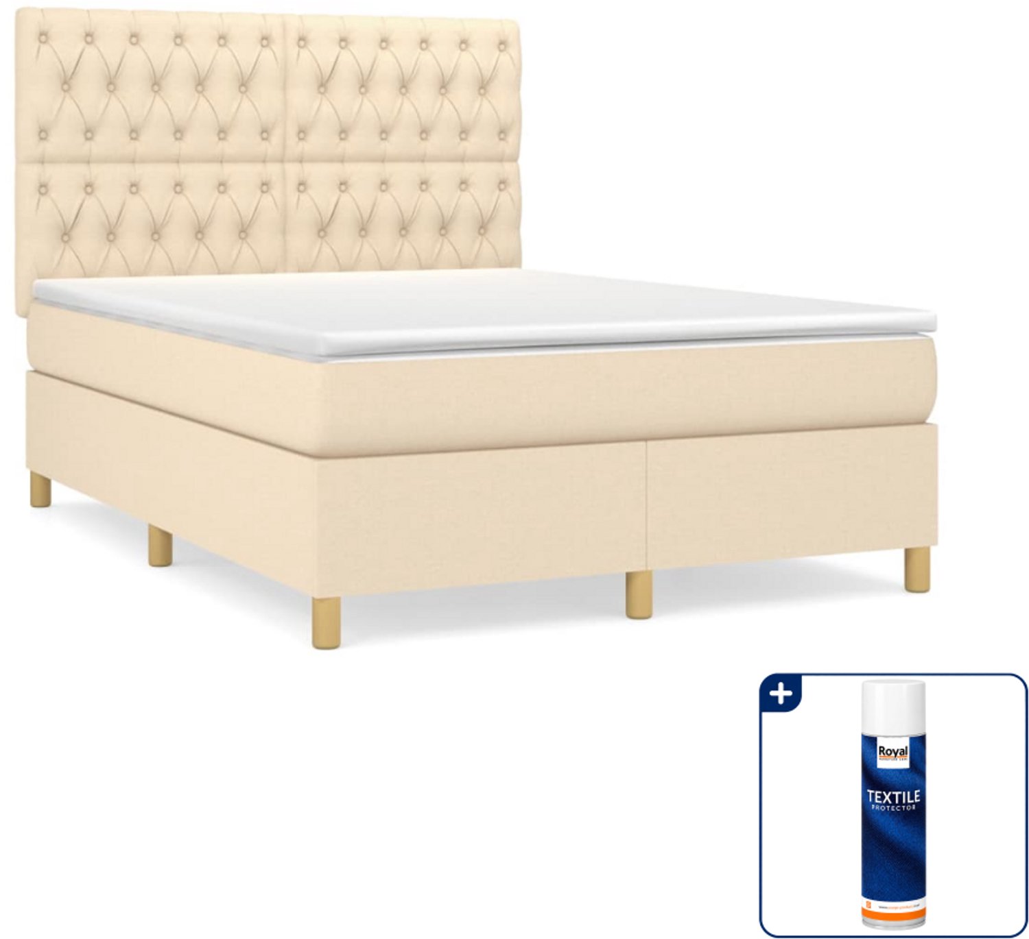 vidaXL boxspring met matras 140 x 190 cm - stof - crèmekleurig - Inclusief textielbeschermer 500 ml