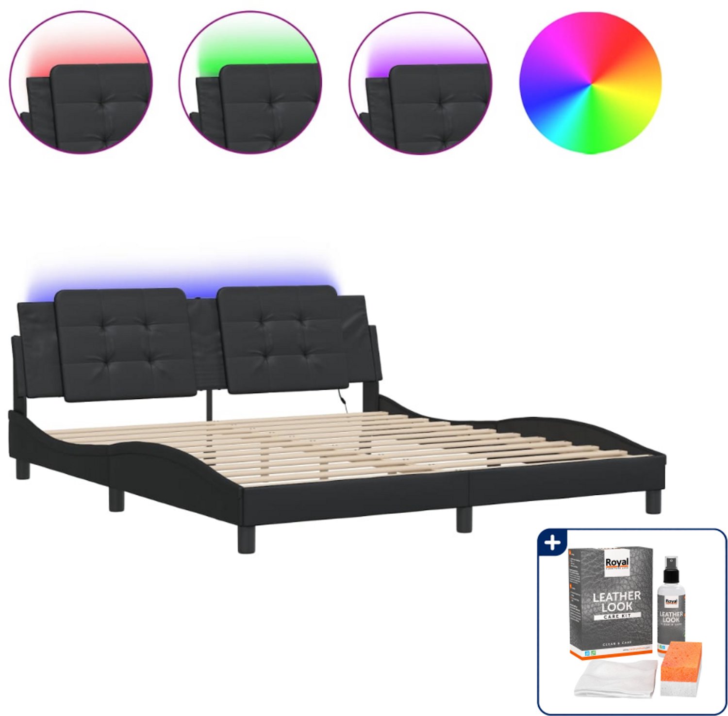 vidaXL Zadar bedframe met LED - Kingsize - 180 x 200 cm - zwart - Inclusief onderhoudsset voor kunstleer 150 ml