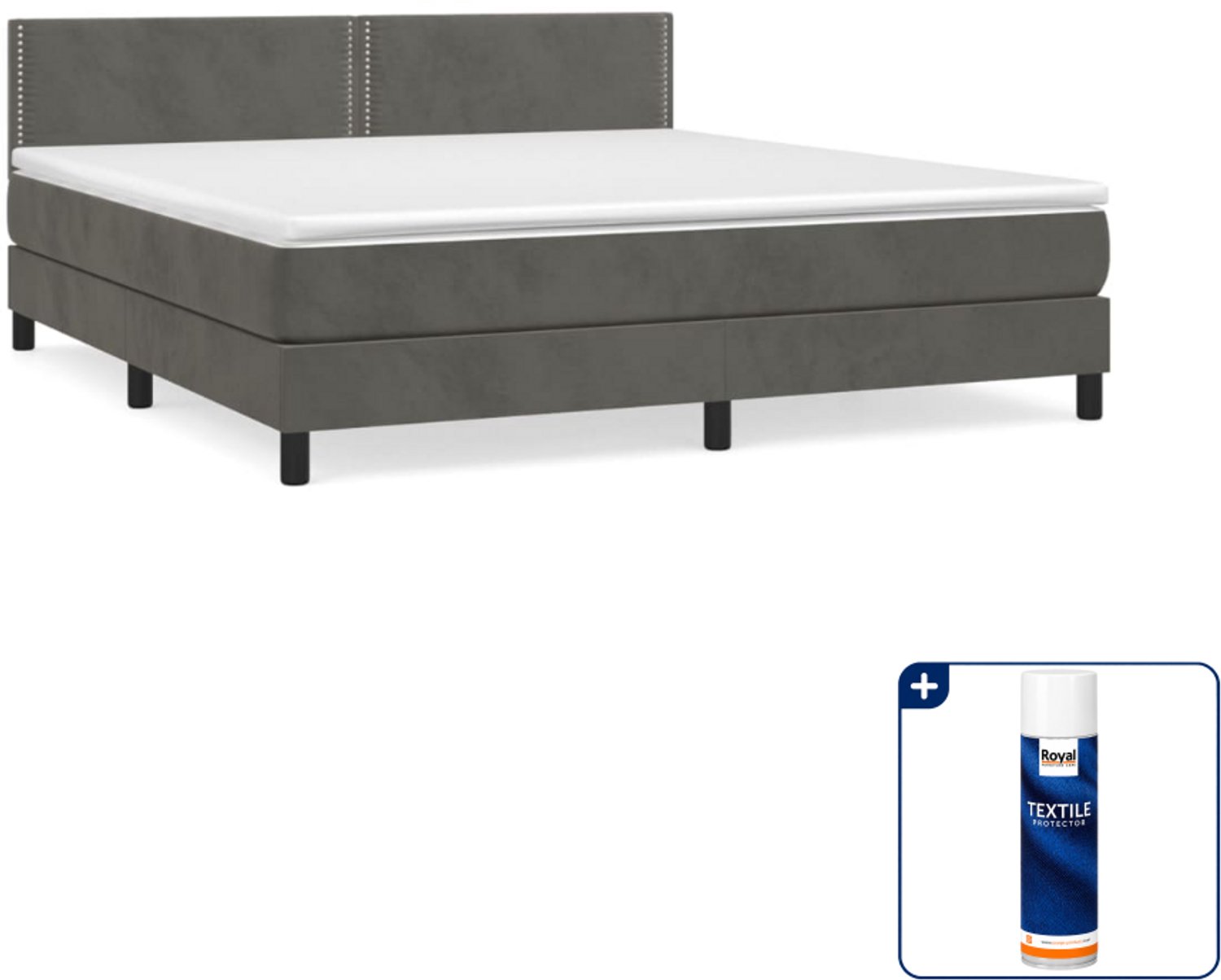 vidaXL Queensize boxspring met matras - 160 x 200 cm - fluweel - donkergrijs - Inclusief textielbeschermer 500 ml