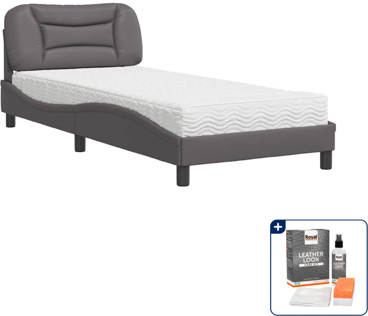 vidaXL Hvar bed met matras - 90 x 200 cm - grijs - Inclusief onderhoudsset voor kunstleer 150 ml Bruin