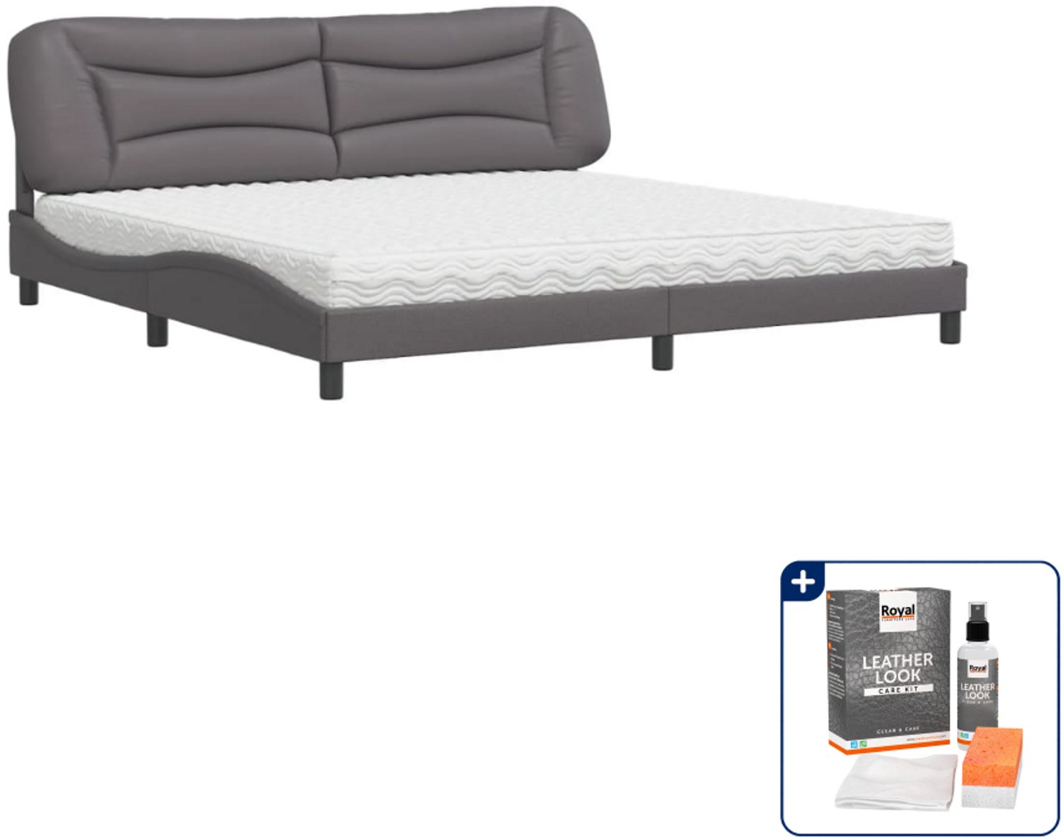 vidaXL Bed met matras Hvar - Super kingsize - 200 x 200 cm - grijs - Inclusief onderhoudsset voor kunstleer 150 ml