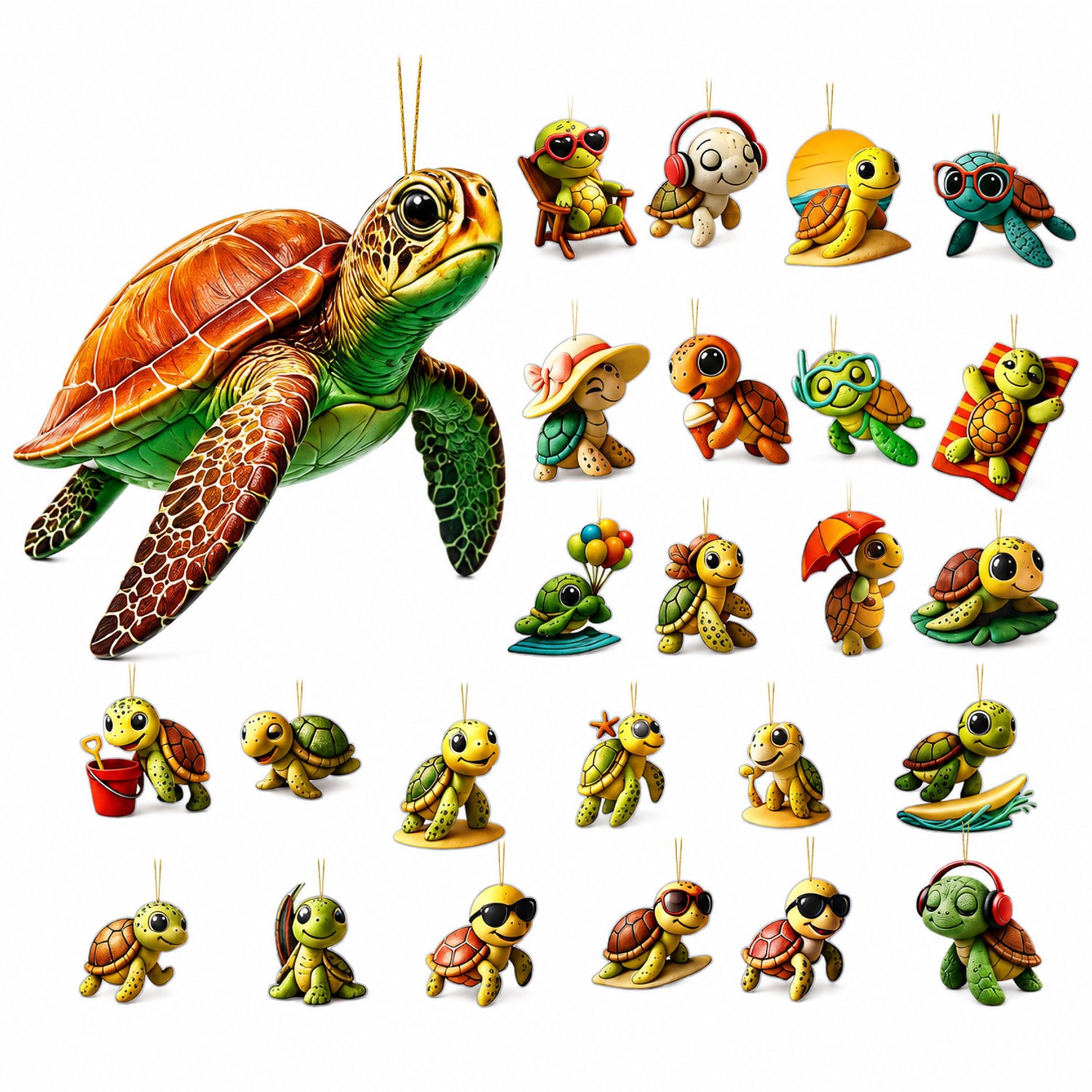 Adventskalender 2026 met 24 platte schildpadhangers - Diverse cartoonmotieven met ophangkoord - Papieren geschenkdoos