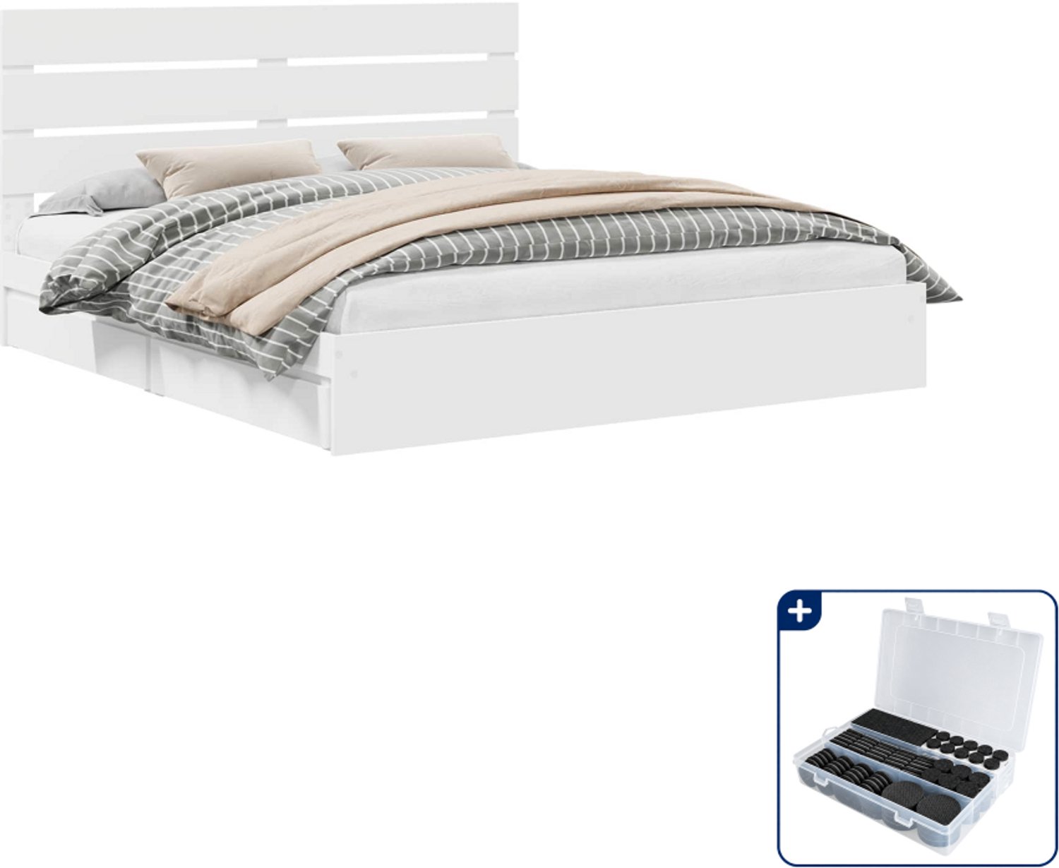 vidaXL bedframe - Kingsize - 180 x 200 cm - bewerkt hout - wit - Inclusief antikrasvilt 177-delig Grijs