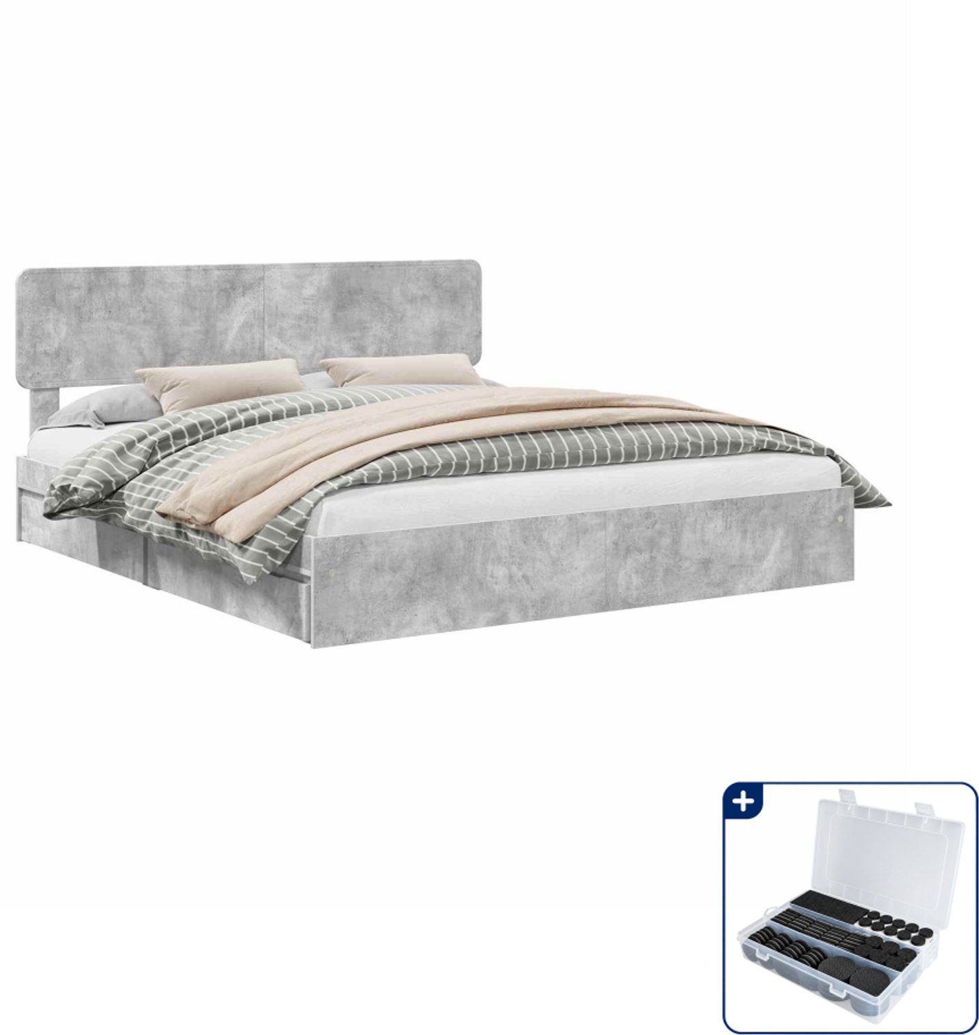 vidaXL Kingsize bedframe - 180 x 200 cm - bewerkt hout - beton grijs - Inclusief antikrasvilt 177-delig Lichtgrijs