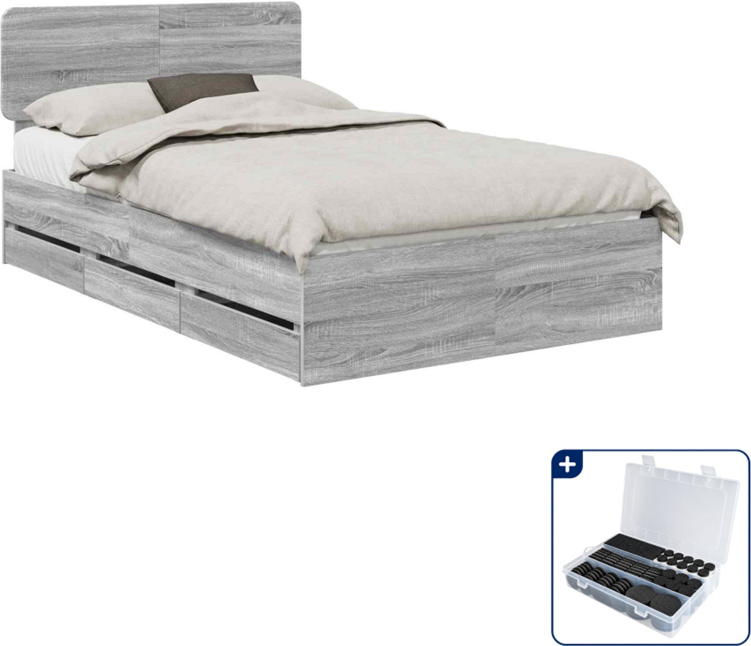 vidaXL bedframe met lade - 120 x 190 cm - bewerkt hout - grijze sonoma - Inclusief antikrasvilt 177-delig blauw
