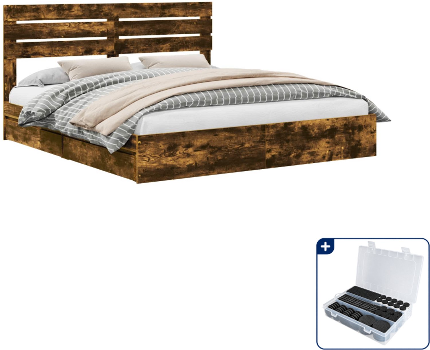 vidaXL bed met opberglade - Kingsize - 180 x 200 cm - bewerkt hout - Inclusief antikrasvilt 177-delig Bruin