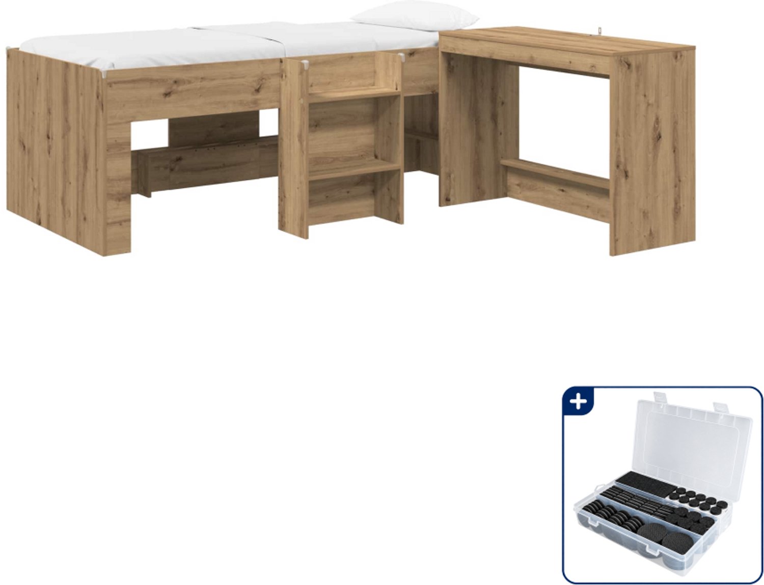 vidaXL hoogslaper met bureau - 193 x 96 x 68,5 cm - bewerkt hout - Inclusief antikrasvilt 177-delig Bruin