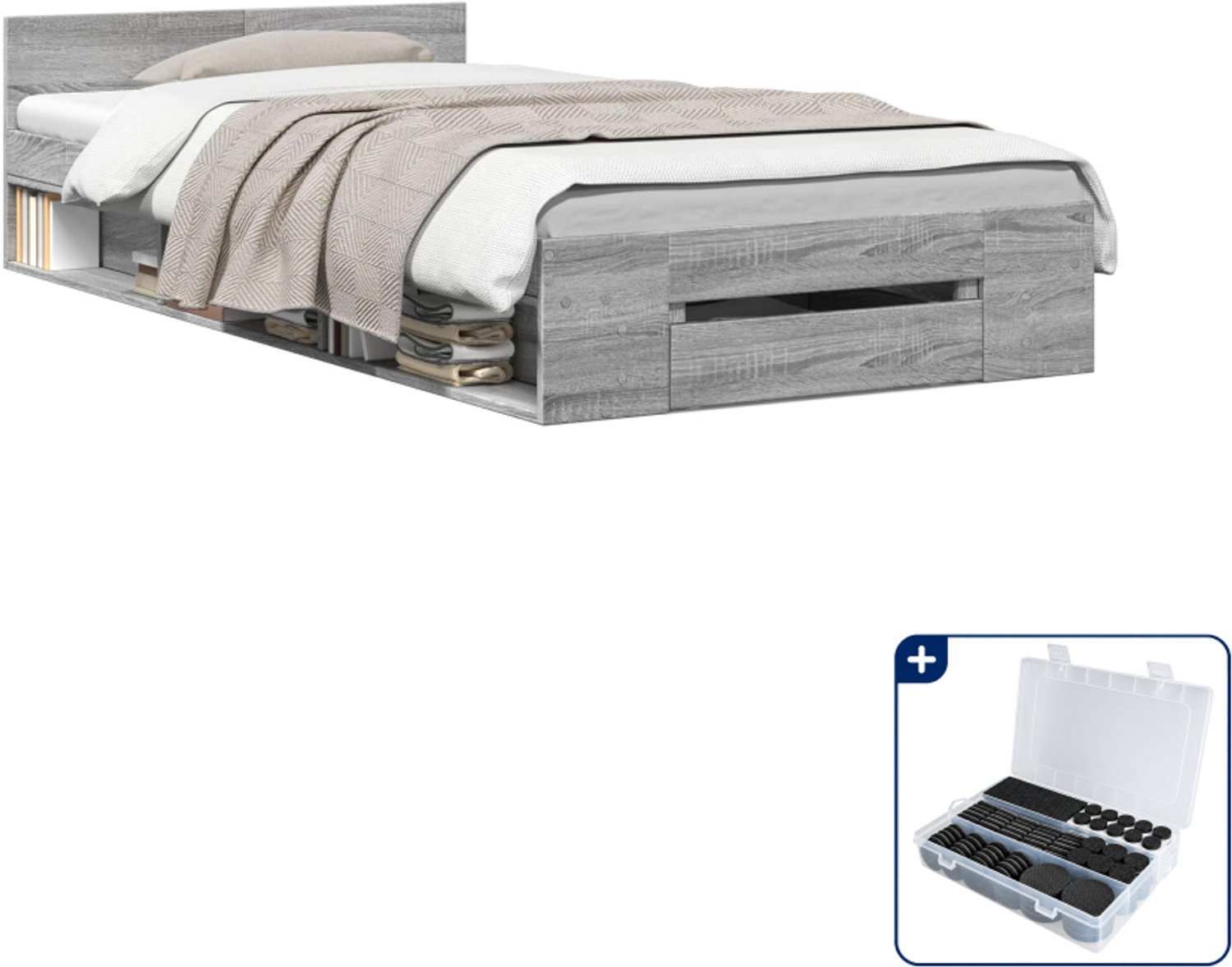 vidaXL bedframe met opslag - 80 x 200 cm - bewerkt hout - grijs sonoma - Inclusief antikrasvilt 177-delig