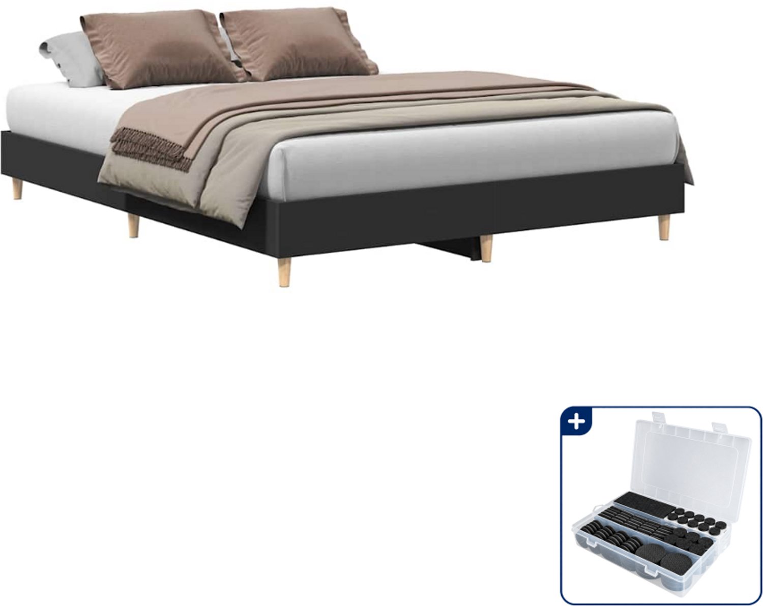 vidaXL bedframe - 150 x 200 cm - bewerkt hout - zwart - Inclusief antikrasvilt 177-delig Wit