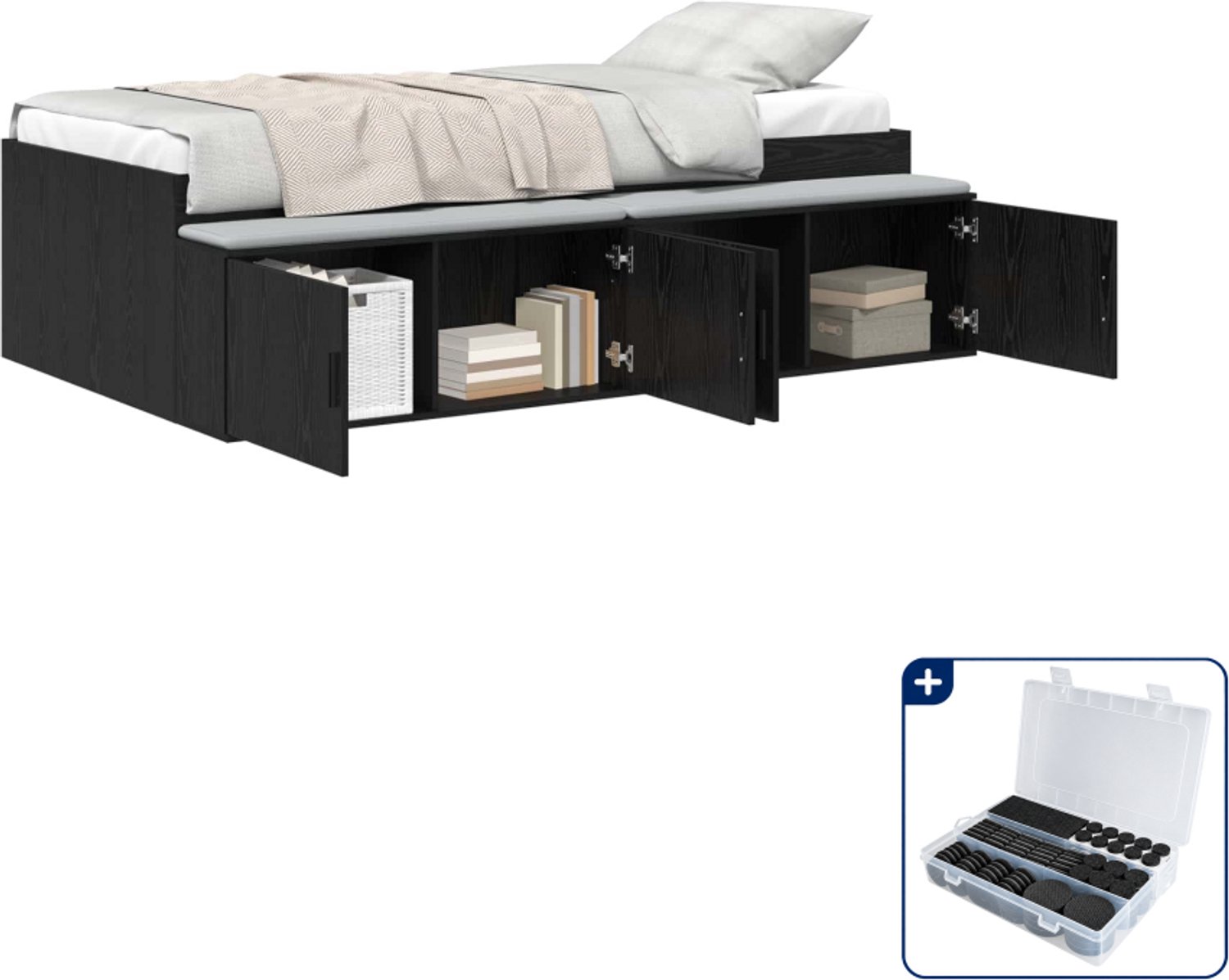vidaXL bedframe met lade - 90 x 200 cm - zwart eiken - Inclusief antikrasvilt 177-delig
