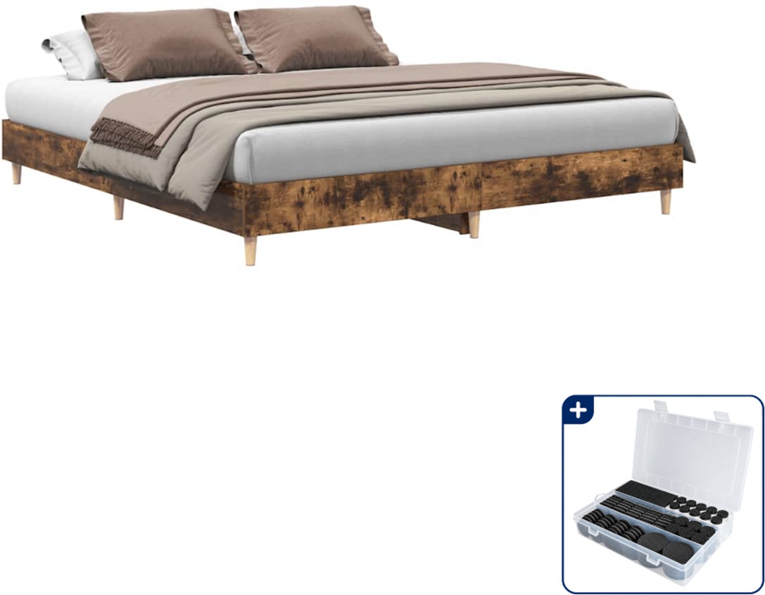 vidaXL bedframe - Kingsize - 180 x 200 cm - gerookt eiken - Inclusief antikrasvilt 177-delig Grijs