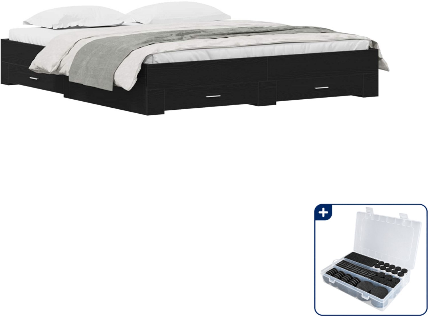 vidaXL Kingsize bedframe - 180 x 200 cm - bewerkt hout - zwart eiken - Inclusief antikrasvilt 177-delig Grijs
