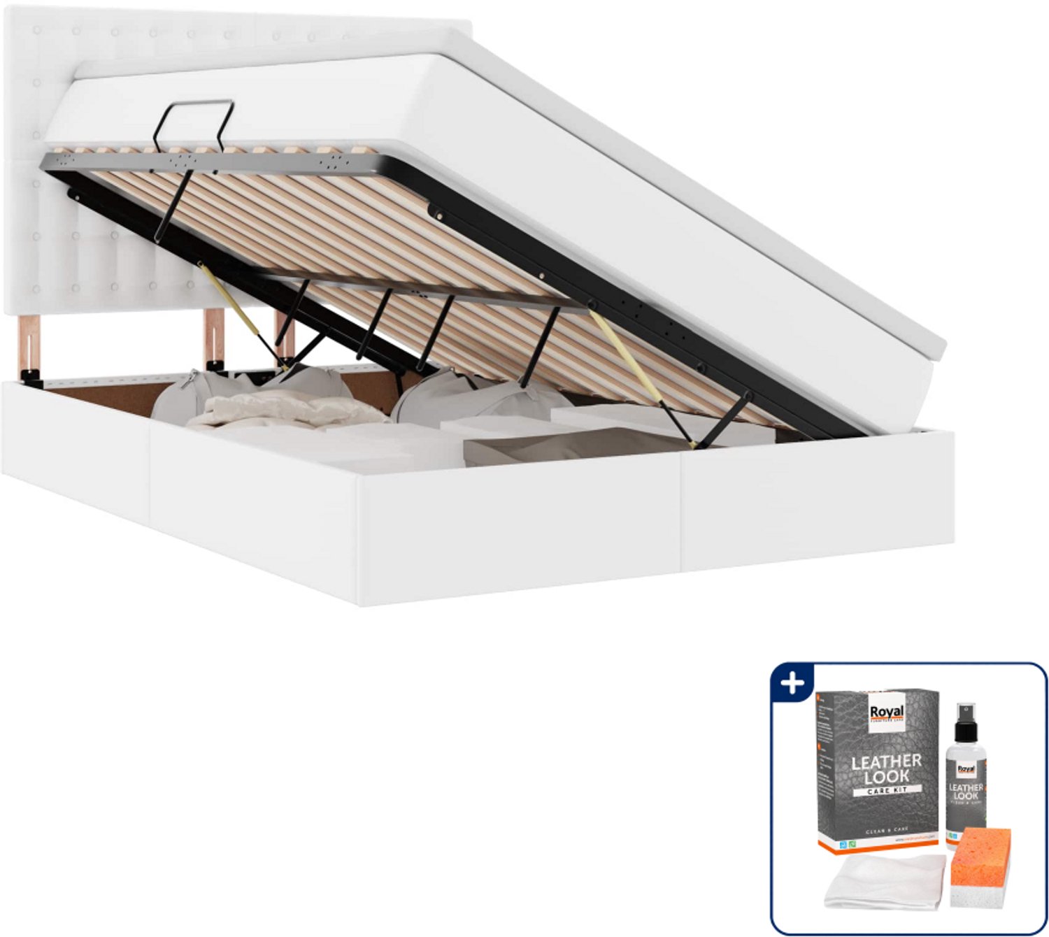 vidaXL opbergbed met LED - Small double - 140 x 200 cm - wit - Inclusief onderhoudsset voor kunstleer 150 ml