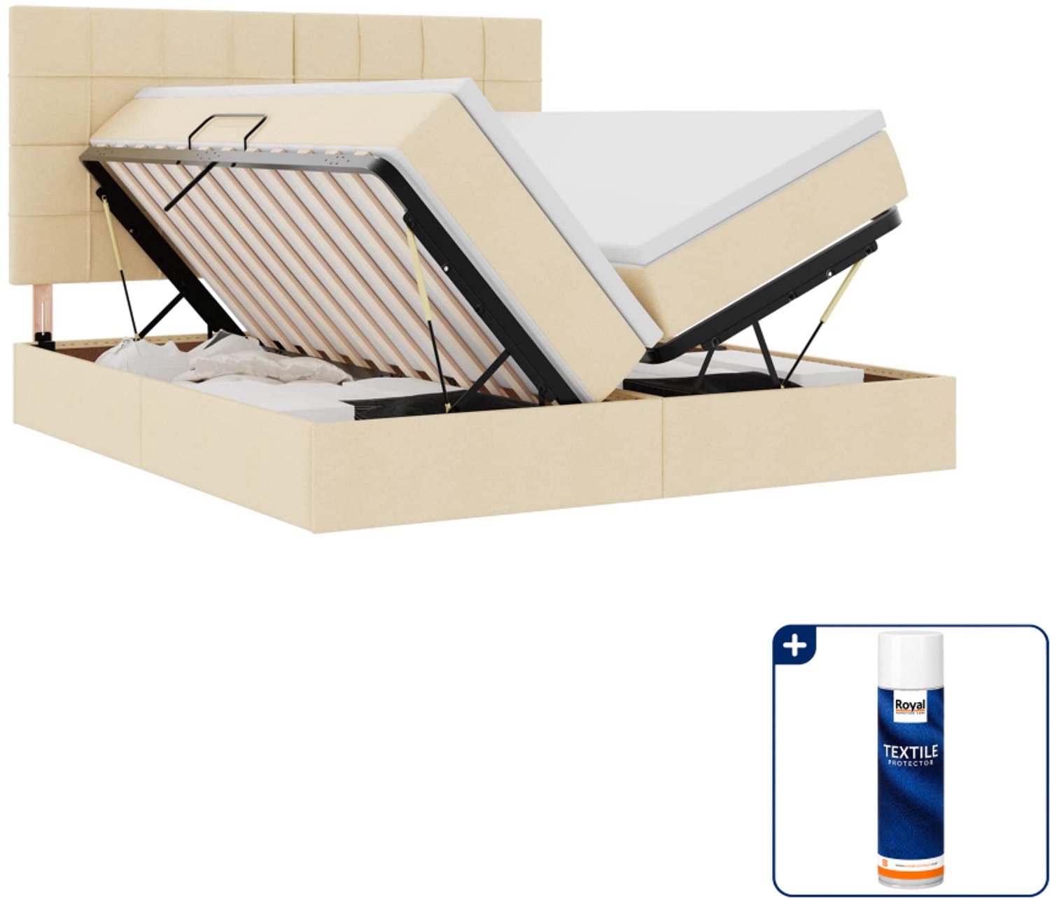 vidaXL opbergbed Kingsize - 180 x 200 cm - stof - crème - Inclusief textielbeschermer 500 ml Wit