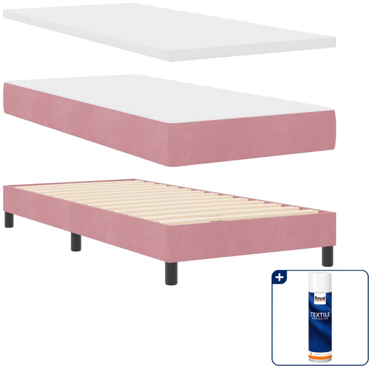 vidaXL led boxspringbed met matras - 90 x 200 cm - fluweel - roze - Inclusief textielbeschermer 500 ml