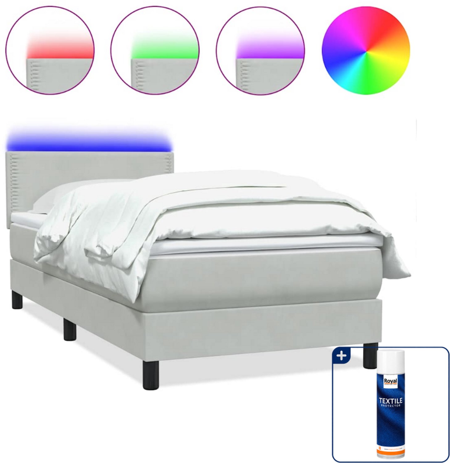 vidaXL boxspring met matras en led - 80 x 220 cm - fluweel - lichtgrijs - Inclusief textielbeschermer 500 ml Bruin