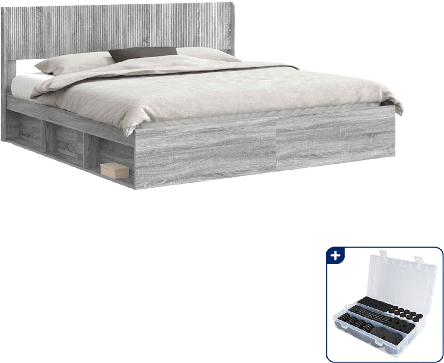 vidaXL bedframe met opbergruimte en hoofdbord - 203 x 203 x 35 cm - grijs - Inclusief antikrasvilt 177-delig