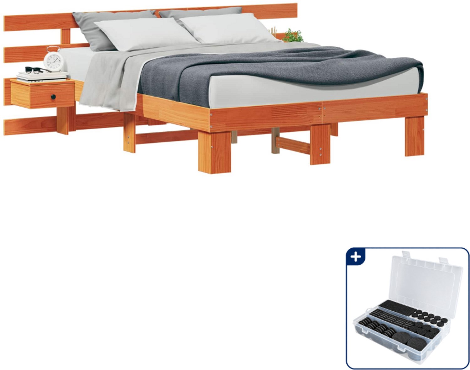 vidaXL bedframe met hoofdeinde - 120 x 190 cm - massief grenenhout - bruin - Inclusief antikrasvilt 177-delig
