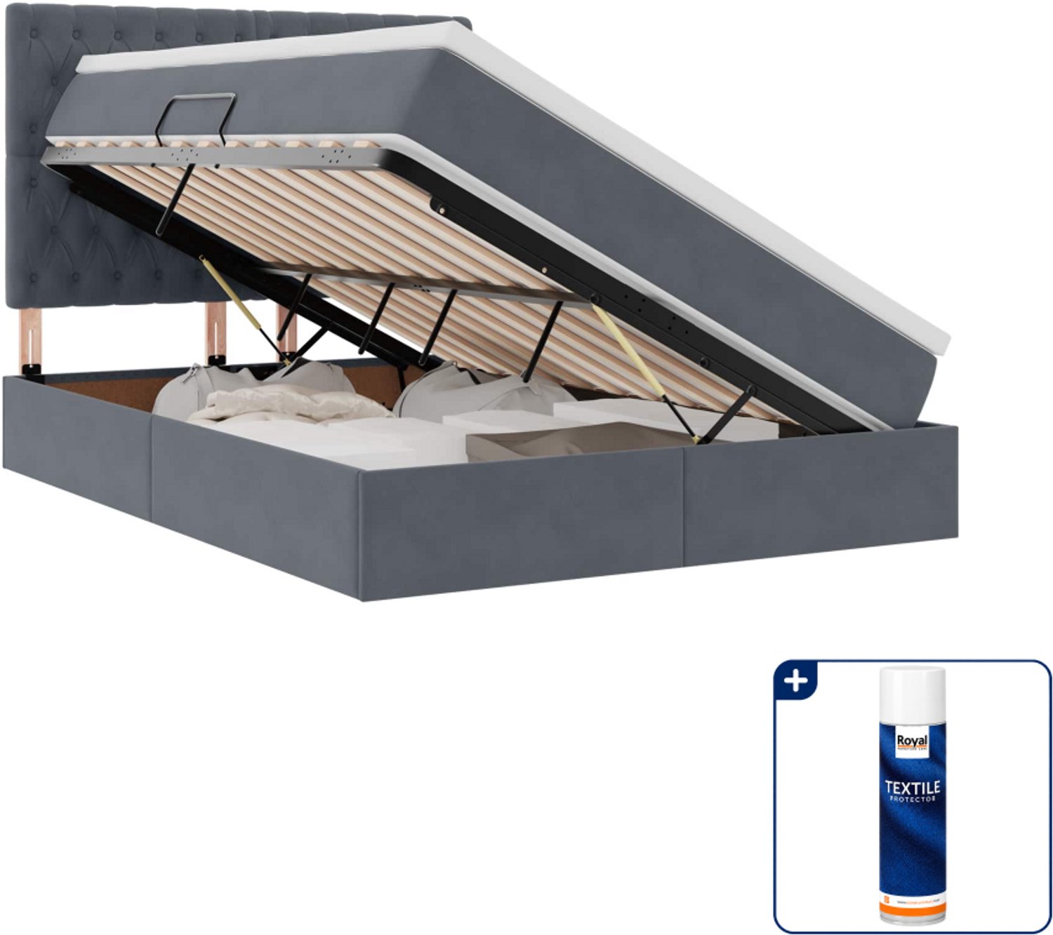 vidaXL LED opslagbed met matras - 140 x 190 cm - fluweel - donkergrijs - Inclusief textielbeschermer 500 ml