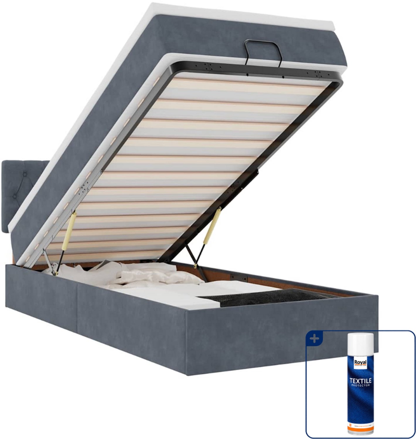 vidaXL ottoman bed met matras - 90 x 200 cm - fluweel - donkergrijs - Inclusief textielbeschermer 500 ml Blauw