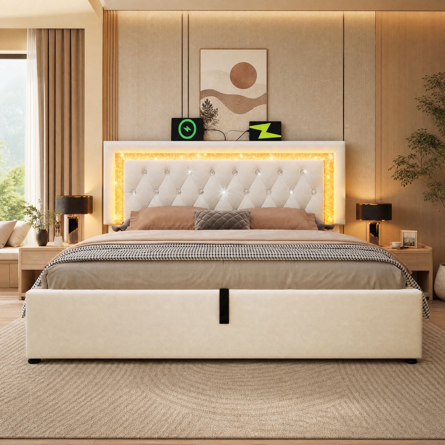 Maisentiel Beige gestoffeerd bed 160 x 200 cm met opbergruimte, LED, USB en USB-C