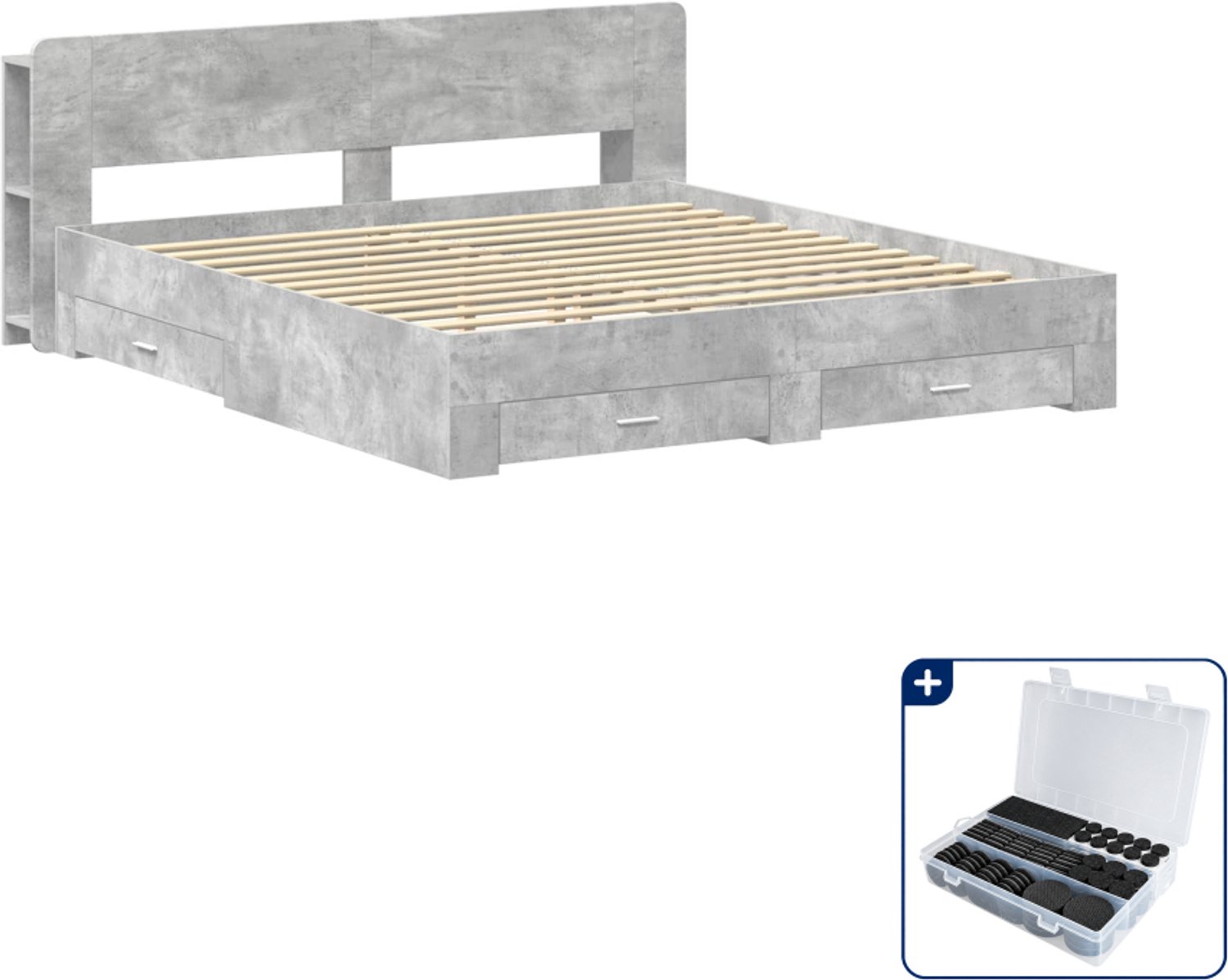 vidaXL bedframe met opslag - 200 x 200 cm - bewerkt hout - betongrijs - Inclusief antikrasvilt 177-delig