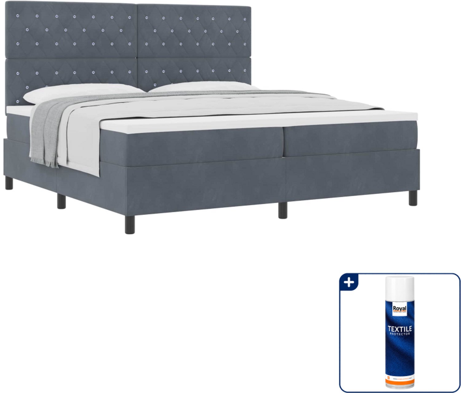 vidaXL Boxspringbed met matras - 200 x 200 cm - fluweel - donkergrijs - Inclusief textielbeschermer 500 ml