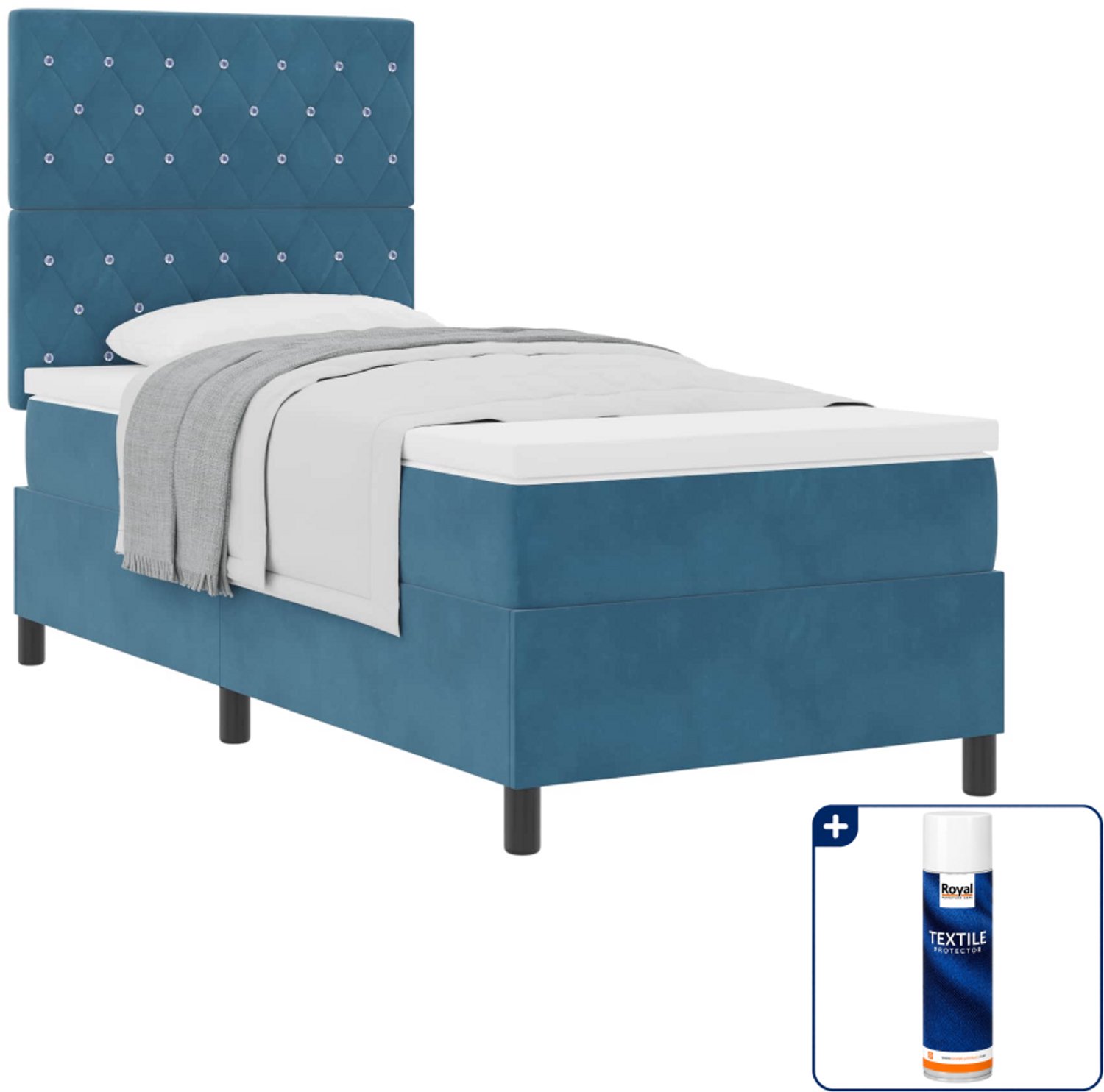 vidaXL boxspringbed met matras - 100 x 200 cm - fluweel - donkerblauw - Inclusief textielbeschermer 500 ml