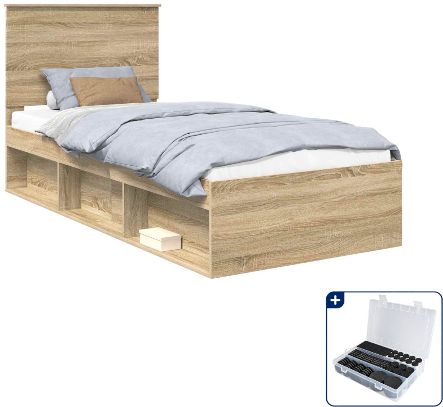 vidaXL bedframe met hoofdeinde - 90 x 190 cm - bewerkt hout - sonoma - Inclusief antikrasvilt 177-delig Grijs