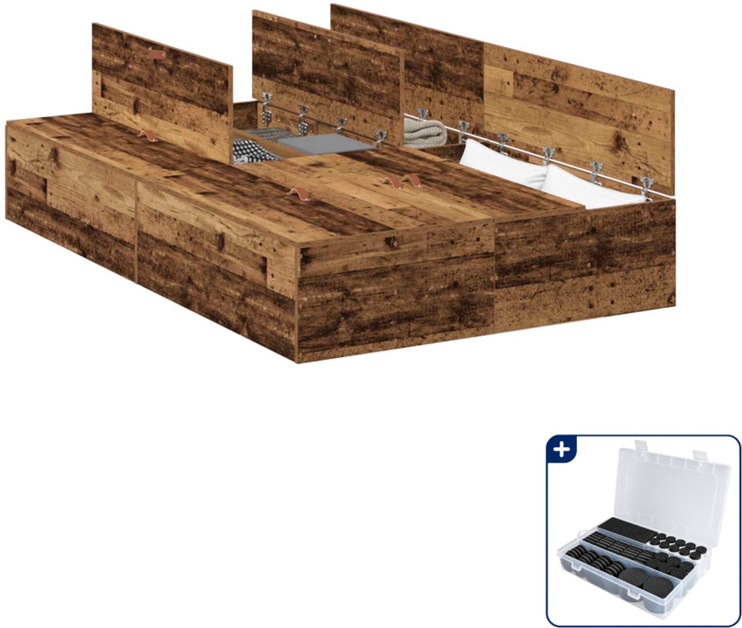 vidaXL opbergbedframe - 120 x 190 cm - oud hout - Inclusief antikrasvilt 177-delig Bruin