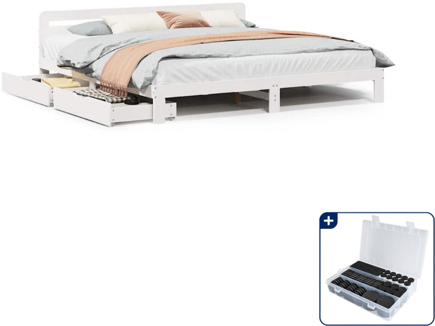 vidaXL bedframe - Kingsize - 180 x 200 cm - massief grenenhout - wit - Inclusief antikrasvilt 177-delig Zwart