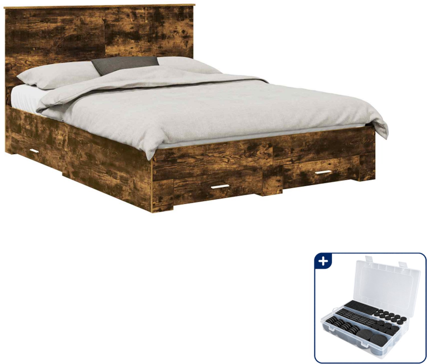 vidaXL bedframe met lade - 150 x 200 cm - bewerkt hout - gerookt eiken - Inclusief antikrasvilt 177-delig Bruin