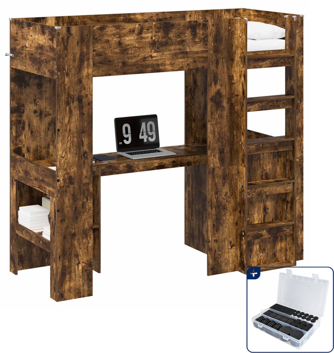 vidaXL loftbed met bureau - 75 x 190 cm - bewerkt hout - gerookt eiken - Inclusief antikrasvilt 177-delig Grijs