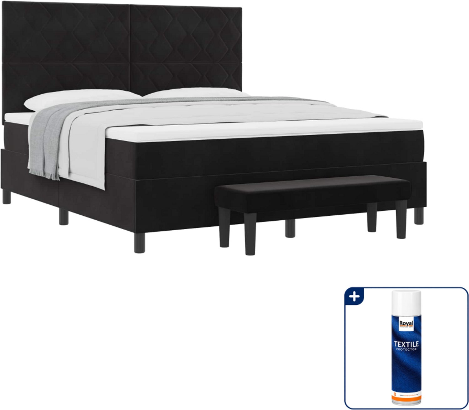 vidaXL Boxspring bed Kingsize - 180 x 200 cm - fluweel - zwart - Inclusief textielbeschermer 500 ml