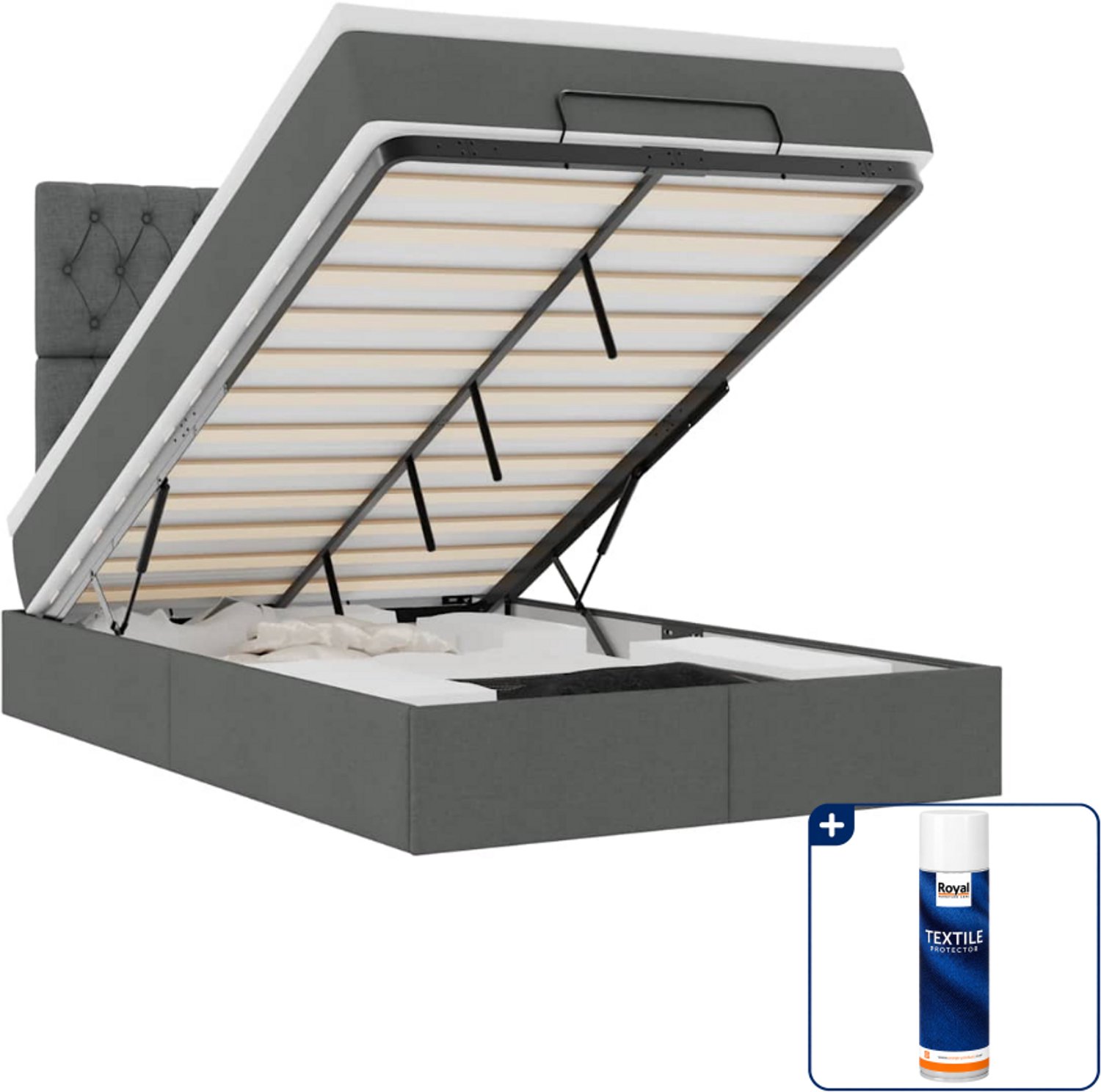 vidaXL ottoman bed met matras en LED - 120 x 190 cm - stof - donkergrijs - Inclusief textielbeschermer 500 ml