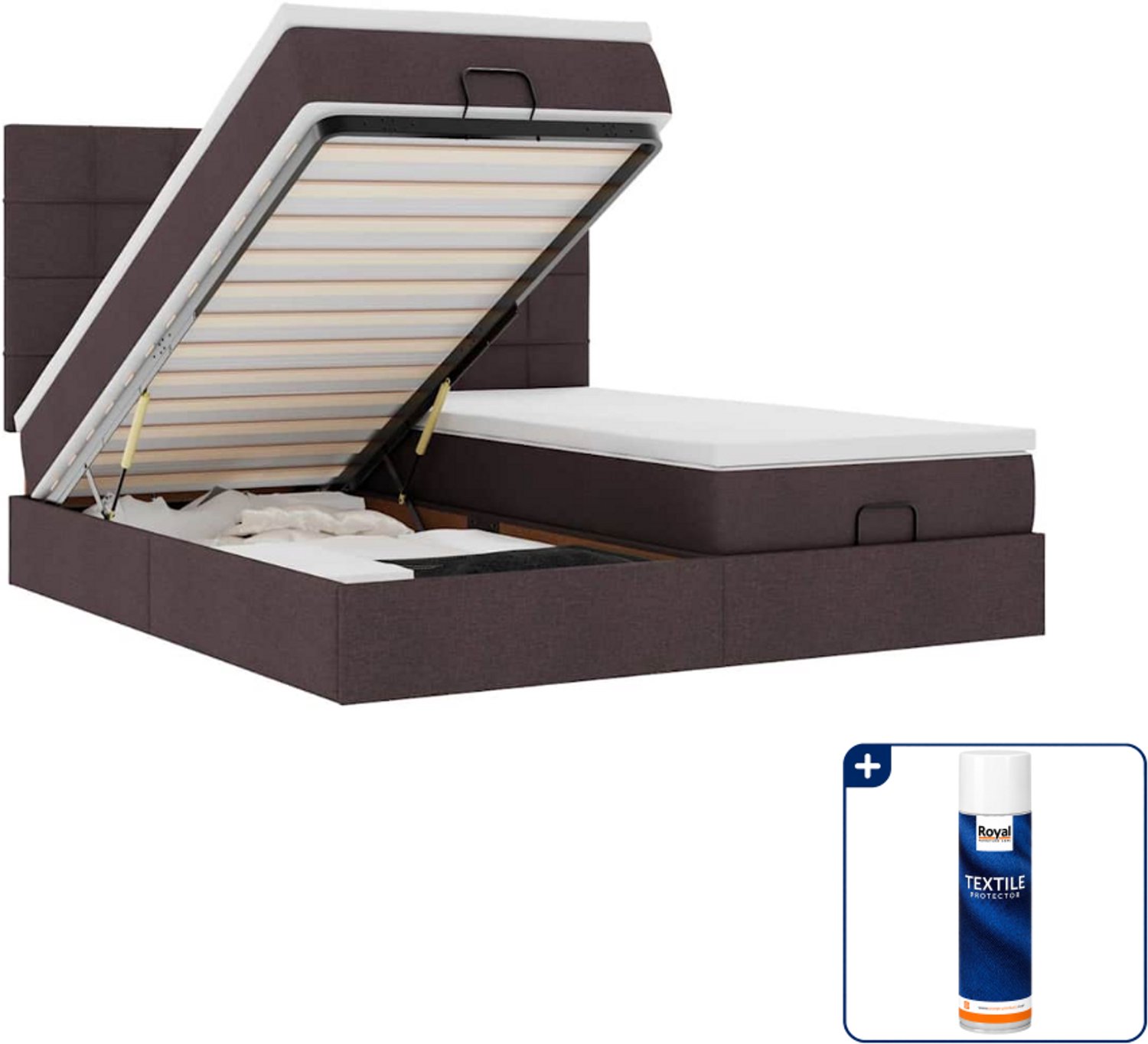 vidaXL Kingsize ottomaan bed met matrassen - 180 x 200 cm - donkerbruin - Inclusief textielbeschermer 500 ml