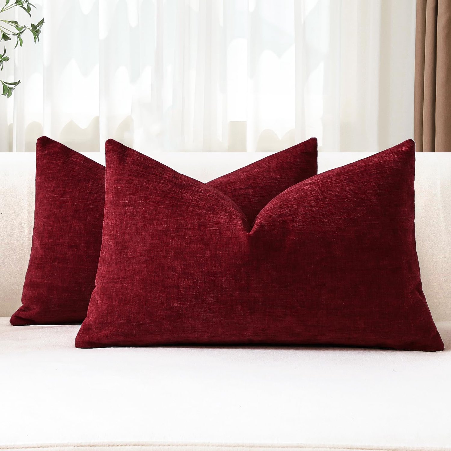Famanu Set van 2 kussenslopen van chenille, decoratief en zacht, eenkleurige kussenhoezen voor moderne inrichting, geschikt voor bank of slaapkamer, ideaal voor decoratie (30 x 50 cm, Rood)
