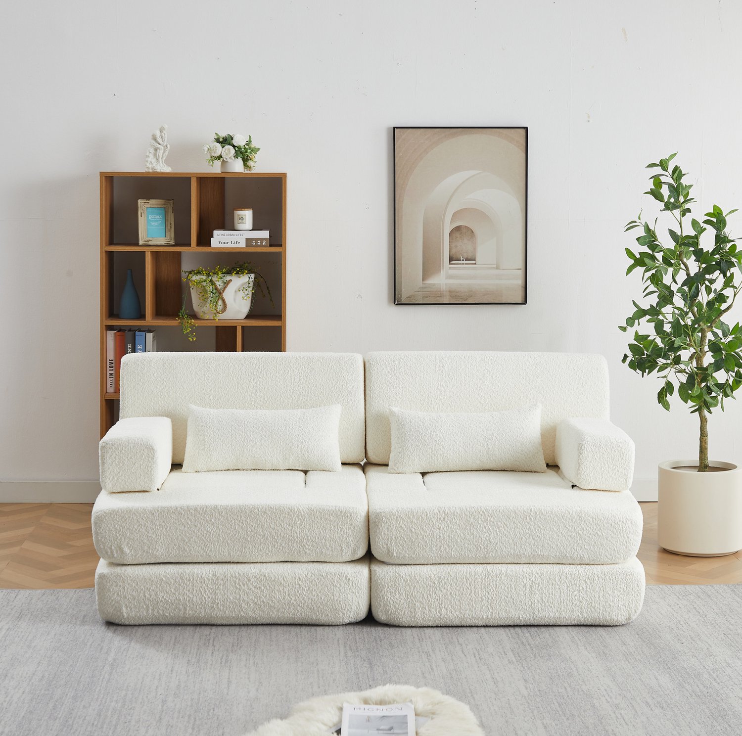 MODENUIT Slaapbank 182 x 90 x 80 cm - Opvouwbaar en Modulair - Voor Woonkamer en Slaapkamer - Chenille - Beige Wit