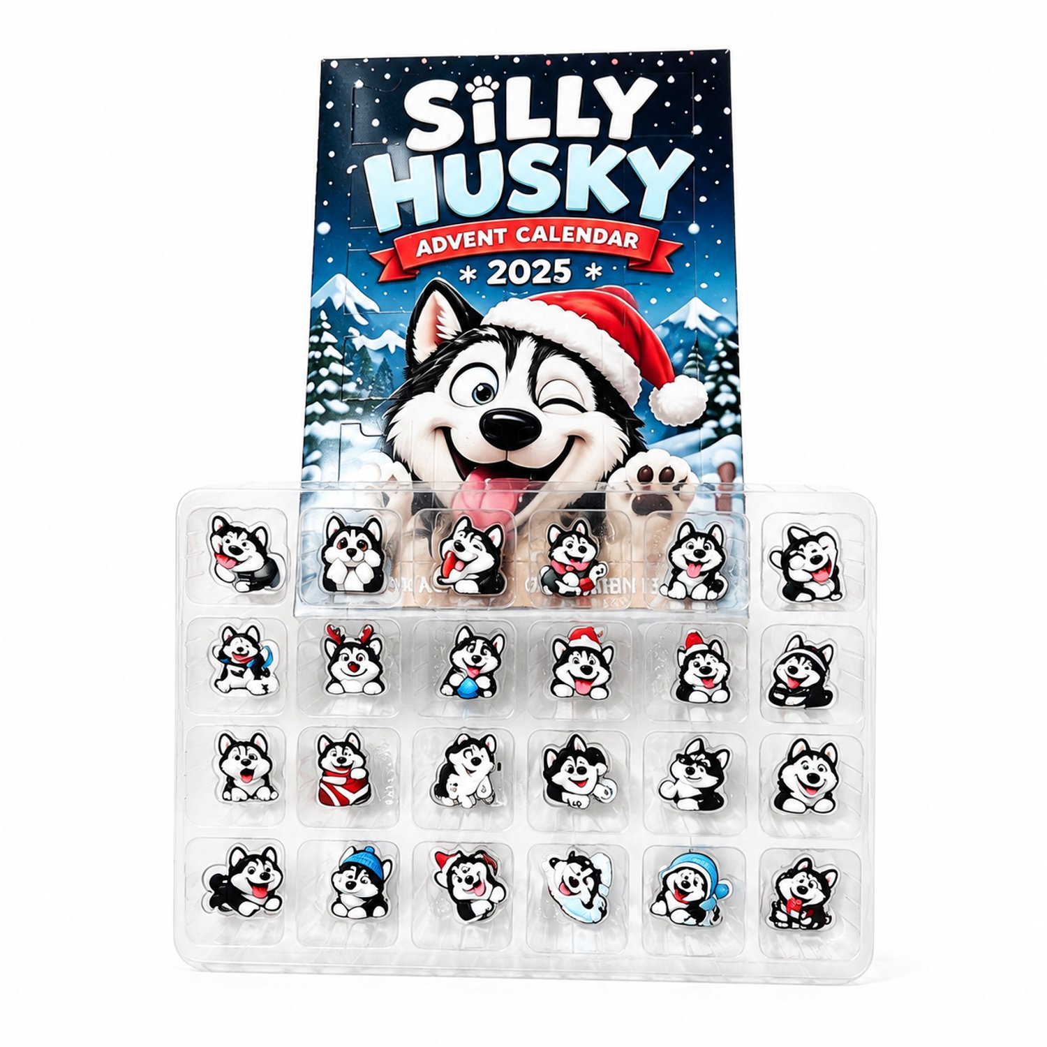 Husky-adventskalender voor 24 dagen met 24 hondenfiguurtjes, transparante vakjestray en kerstdoos