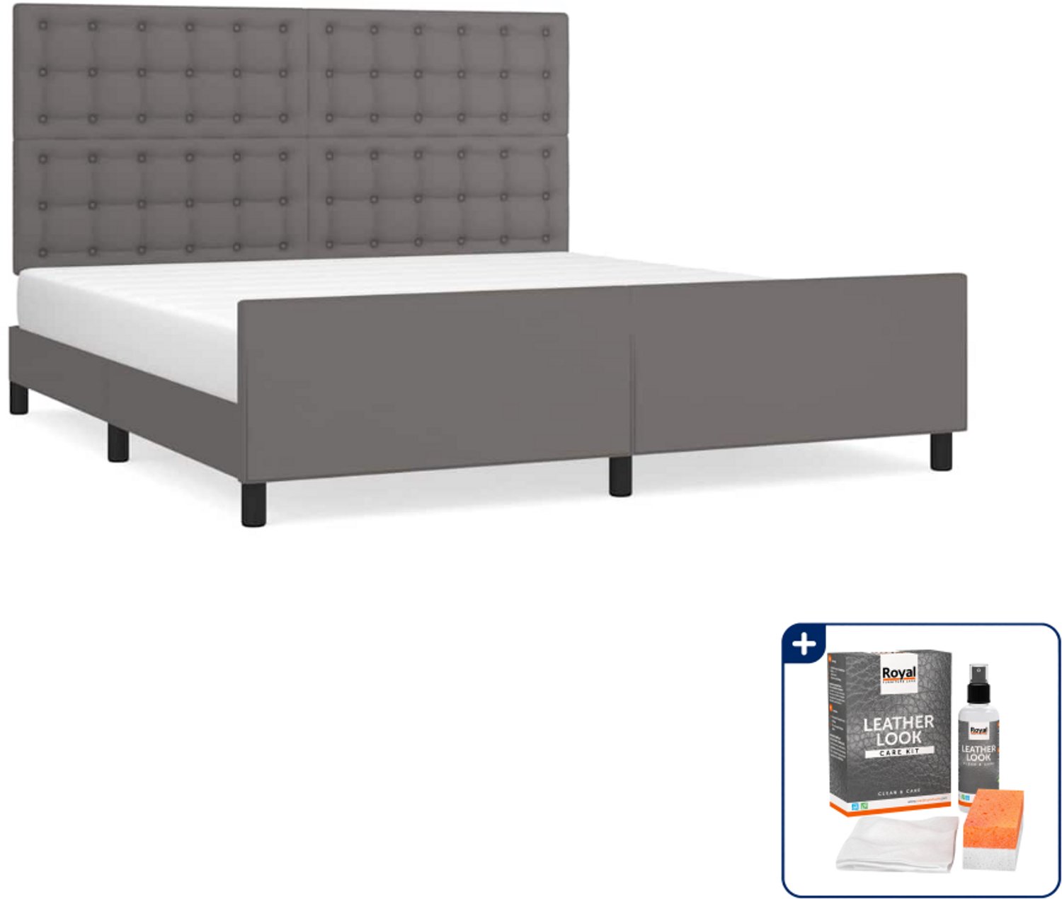 vidaXL bedframe met hoofdbord - Queensize - 160 x 200 cm - grijs - Inclusief onderhoudsset voor kunstleer 150 ml
