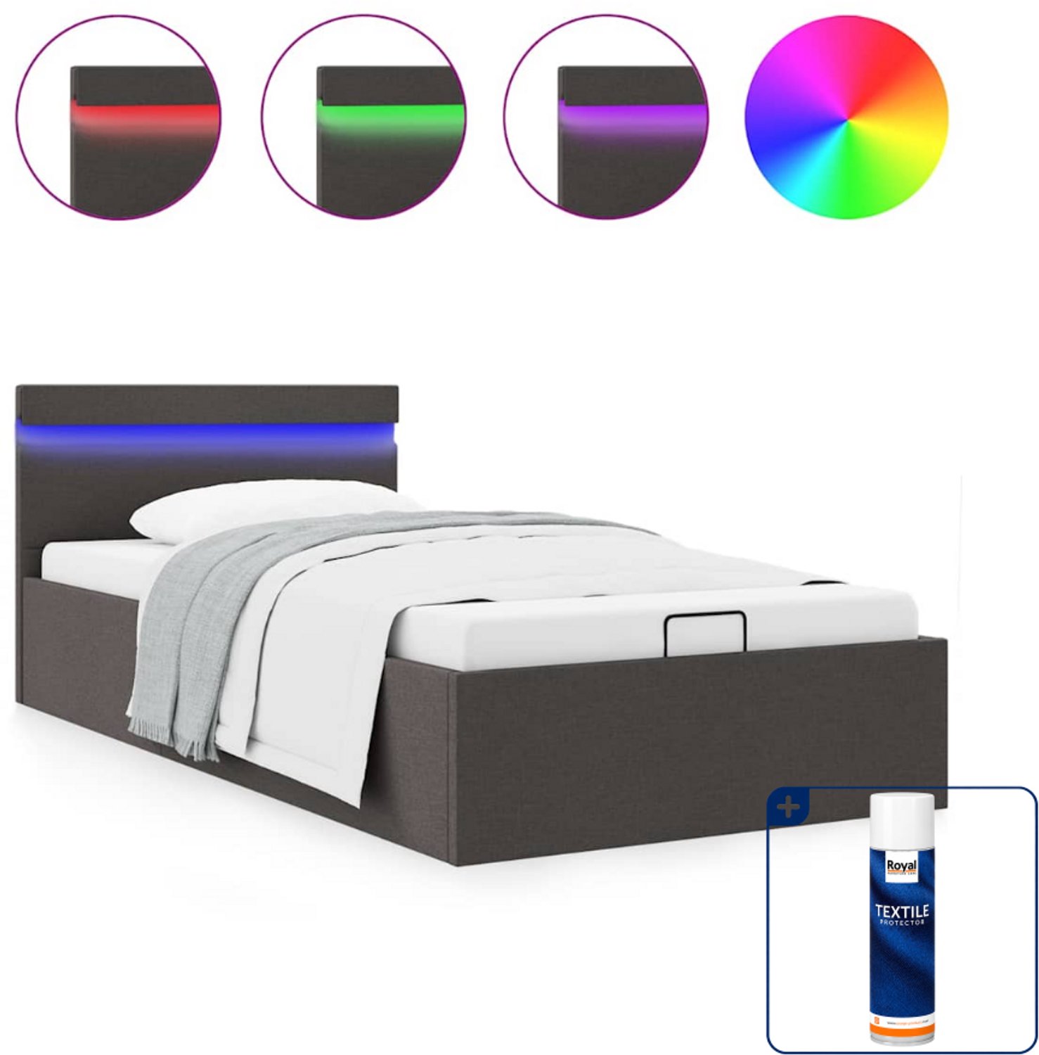 vidaXL bedframe met opbergruimte en LED - 90 x 200 cm - donkergrijs - Inclusief textielbeschermer 500 ml Zwart