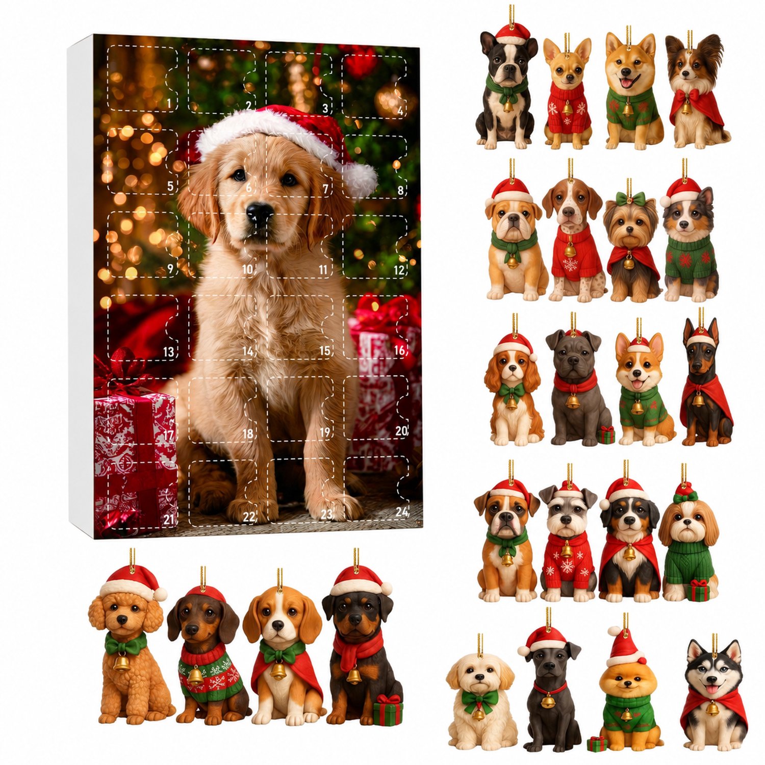 Hondenadventskalender 2026 met 24 platte acrylhangers - Kerstboomdecoratie met ophanglus